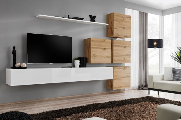 FORMERA Sydney 9 Eiche Hochglanz, TV Wohnwand, Schrankwand, Mediawand, Wohnzimmerwand, Anbauwand