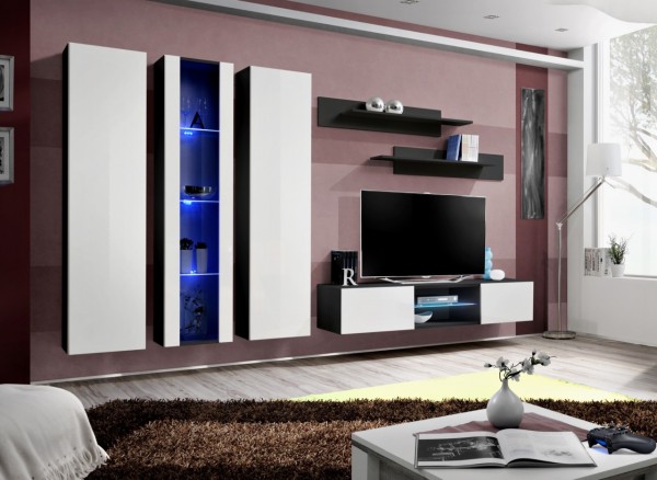 FORMERA TV Wohnwand Frankfurt PN4 Hochglanz, weiß/schwarz, Schrankwand, TV-Wand