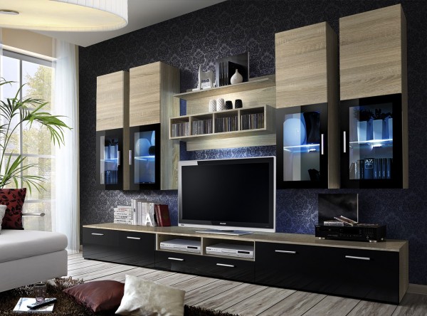 FORMERA TV Wohnwand Koppenhagen, weiß/schwarz, Eiche, Schrankwand, Wohnzimmerwand, TV-Wand
