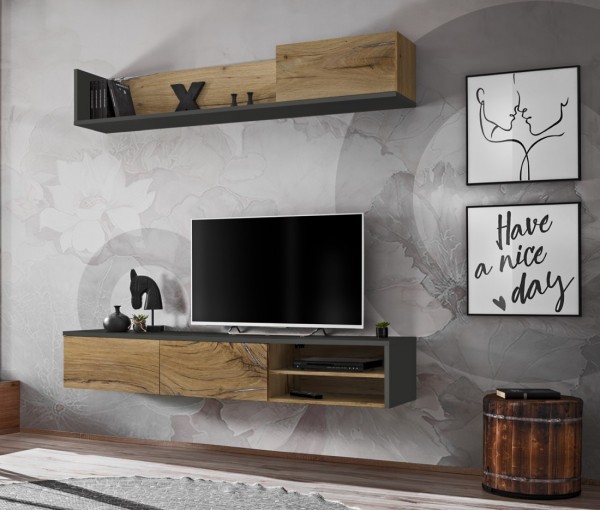 FORMERA TV Schrankwand Davos Eiche/anthrazit, Wohnzimmerwand, TV-Kombination